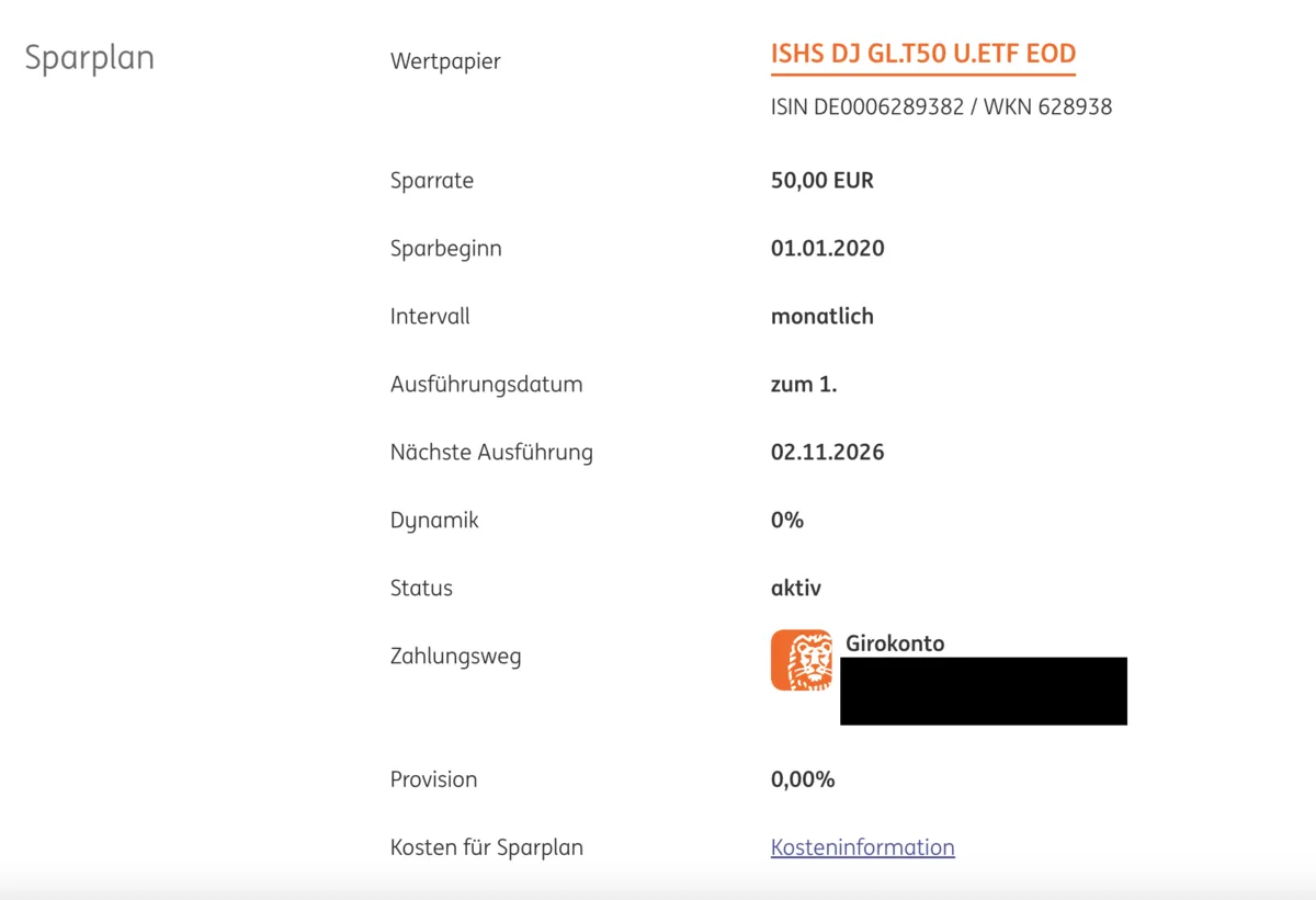 Mein ältester noch aktiver ETF-Sparplan bei der ING: 50 Euro im Monat in den iShares Dow Jones Global Titans 50 seit dem 1. Januar 2020, Provision 0,00 Prozent (Kontodaten geschwärzt)