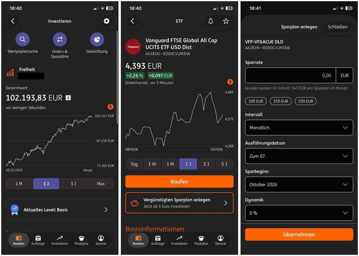 ING-App: Depotübersicht mit 102.193,83 Euro (Depotnummer geschwärzt), ETF-Seite des Vanguard FTSE Global All Cap mit dem Button für den Sparplan und die Sparplan-Maske