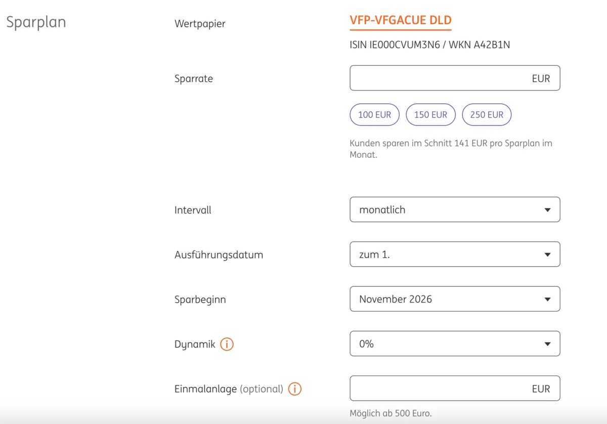Sparplan-Maske der ING im Browser am Beispiel Vanguard FTSE Global All Cap: Sparrate, Intervall, Ausführungsdatum, Sparbeginn, Dynamik und optionale Einmalanlage ab 500 Euro