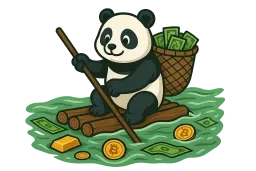 Cashflow Panda - Panda auf Floß über fließendem Geld